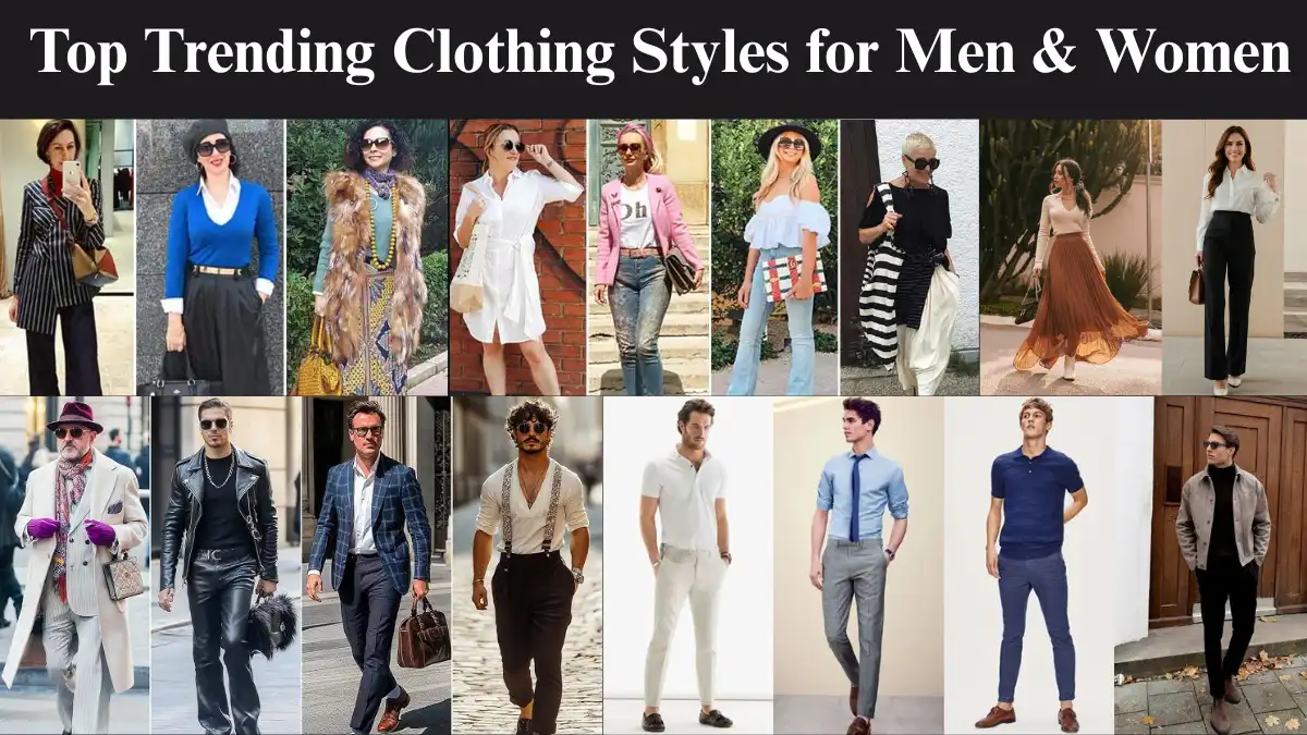 A collage showcasing top trending clothing styles for men and women in 2025, featuring diverse outfits including business casual, streetwear, chic, and contemporary fashion.