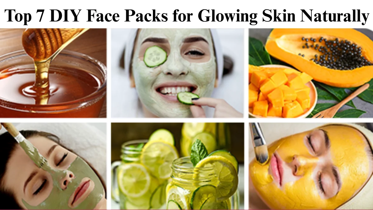 Natural ingredients like turmeric, honey, papaya, and aloe vera arranged for homemade face packs to achieve glowing skin.