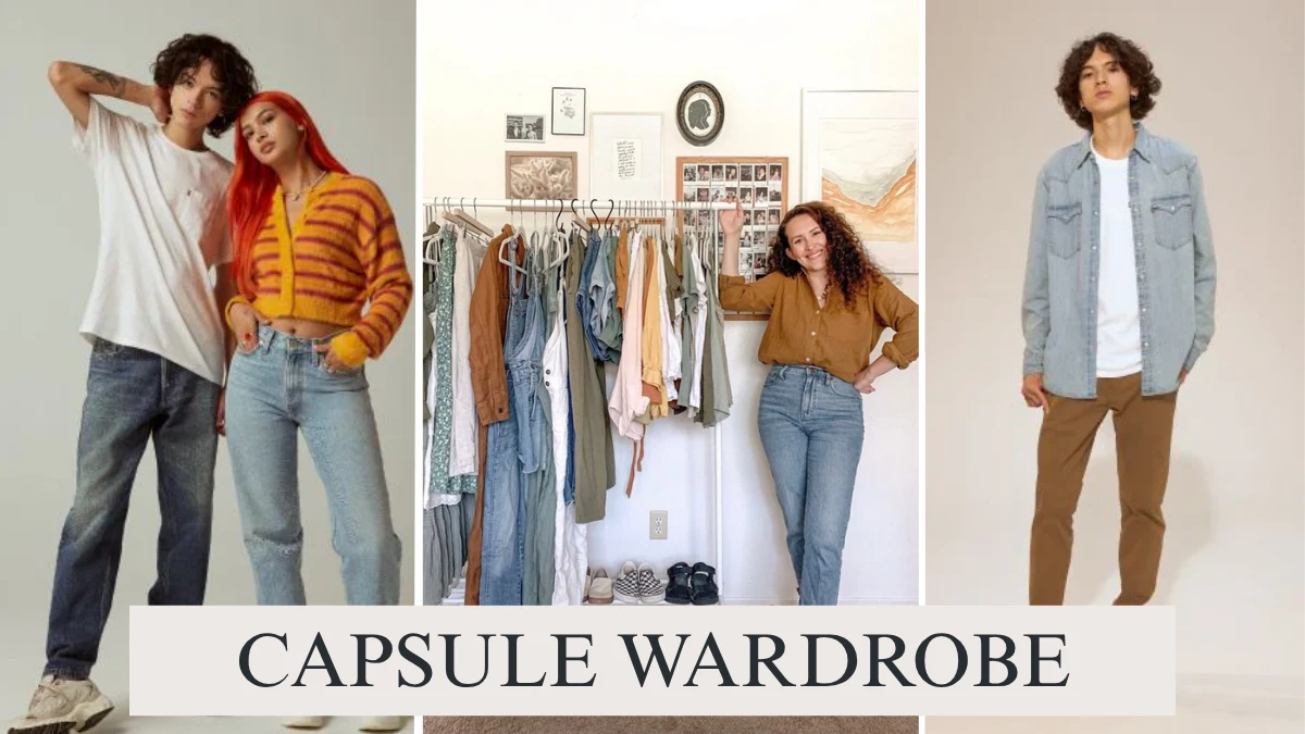A minimalist capsule wardrobe with neutral clothes and organized shelves