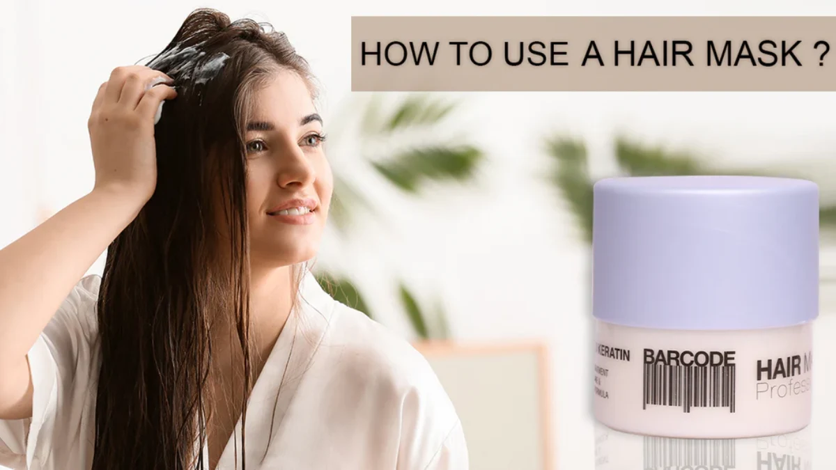 "Young woman applying hair mask to wet hair at home using keratin-based product"