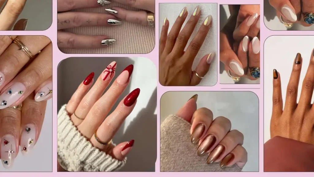 Close-up of trendy 2025 nail designs featuring pastel ombre, chrome, velvet texture, and 3D floral art on manicured hands.